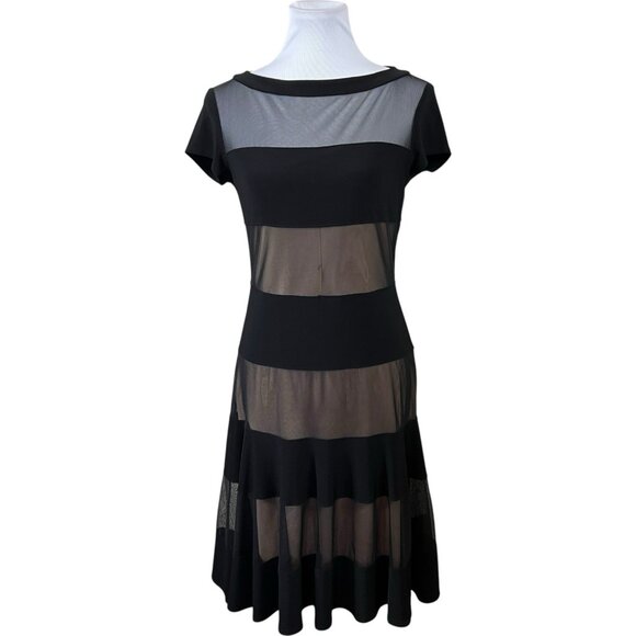Joseph Ribkoff Dress Size 10 Black Tan Fit Flare Short Cap Sleeve Wedding Guest - Picture 1 of 4